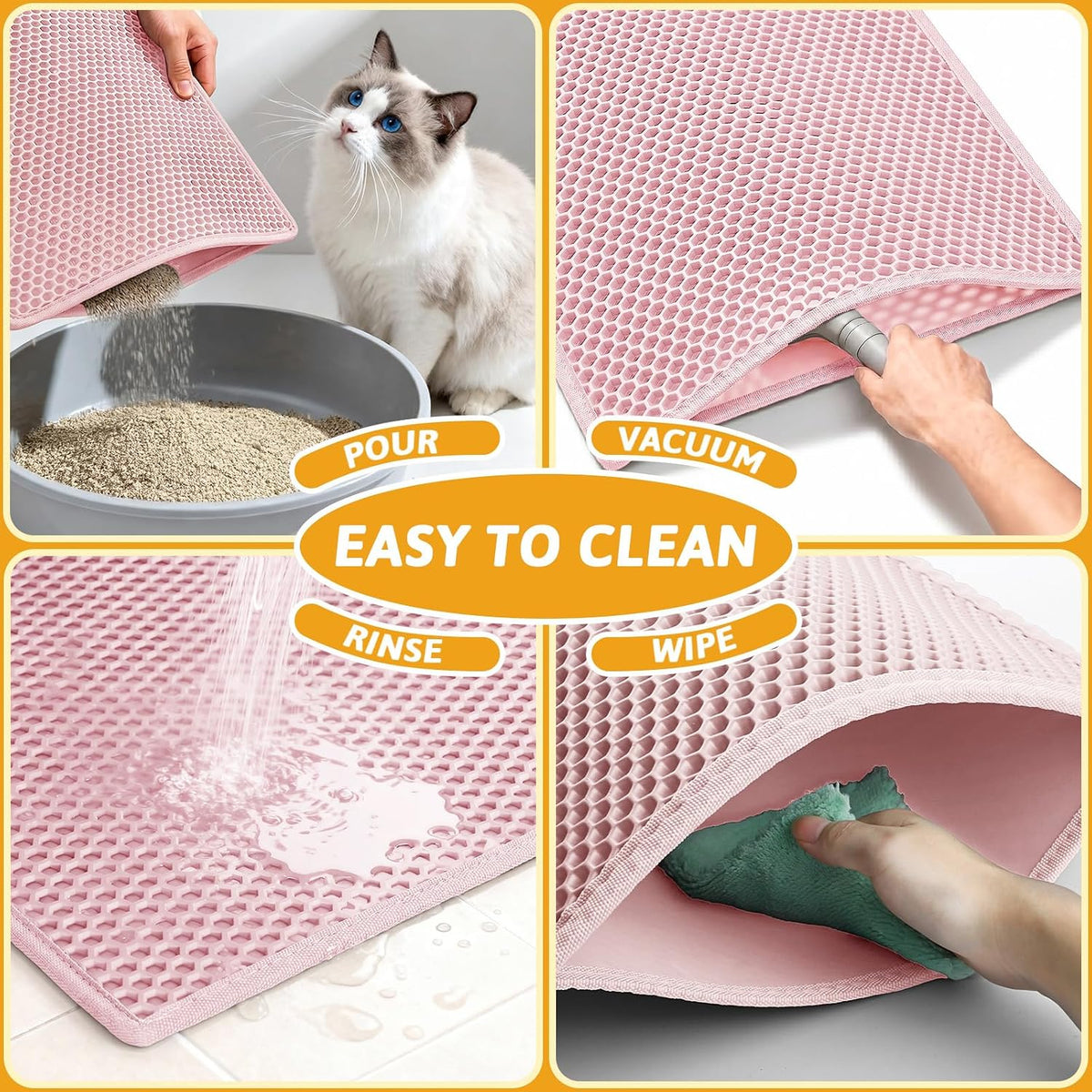 Pieviev Cat Litter Mat, Double-Layer Waterproof Litter Trap, 24" x 15" Pink | Honeycomb Design Catches Scattered Particles to Stop Tracking, Urineproof Base Protects Floors, Easy to Clean