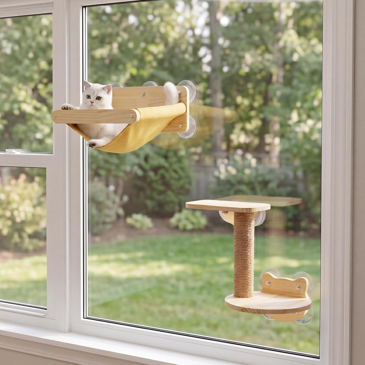 Cat Window Hammock Bed 4pcs/Set Cat Window Perch for Indoor Cats Seat with Two Shelves and One Scratching Post Sunction Cup Mounted