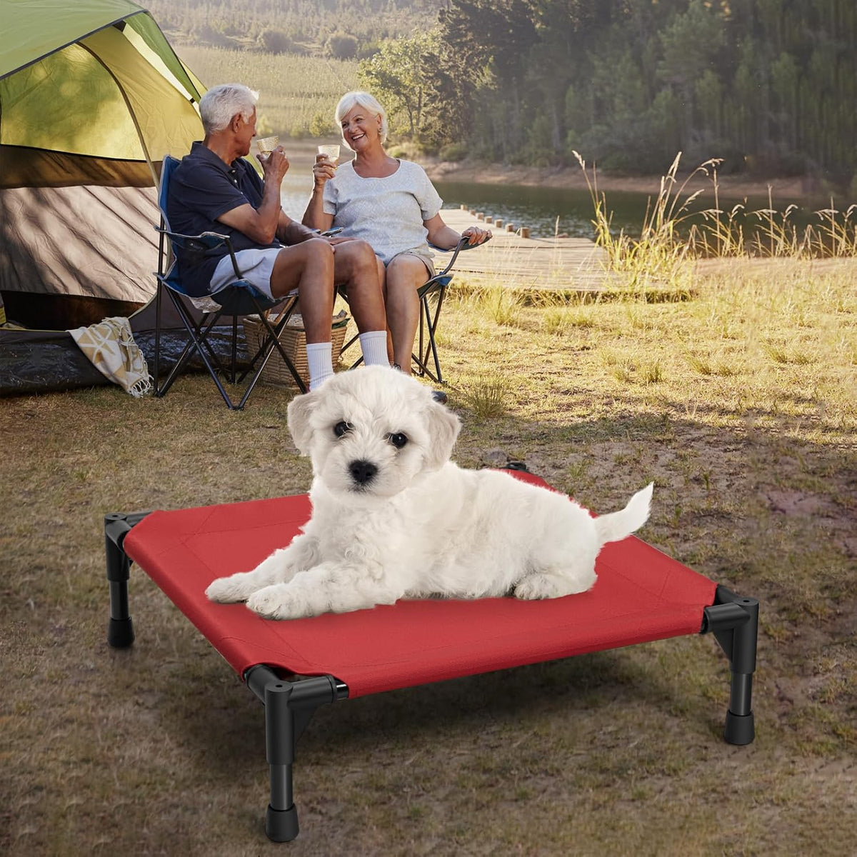 Love&go Elevated Dog Bed with Metal Frame, Cooling Raised Pet Cot for Dog and Cat (S - Red, Small-18.5x18.5x5.5 inch)