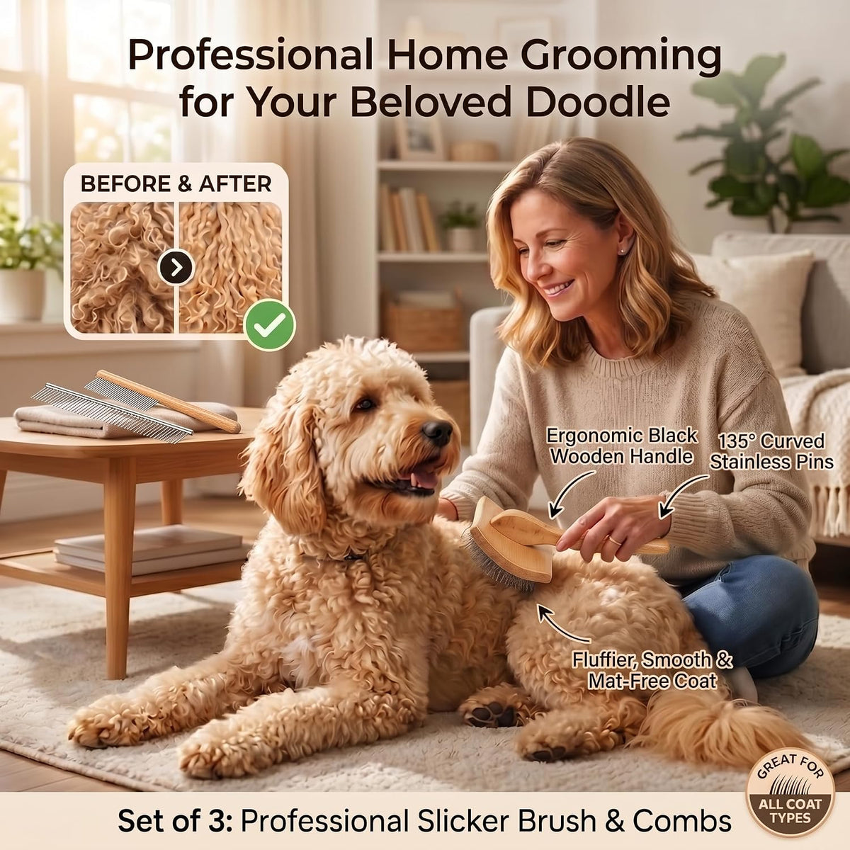 3-in-1 Long Pin Slicker Brush Set, Pet Grooming Kit, Natural Wood