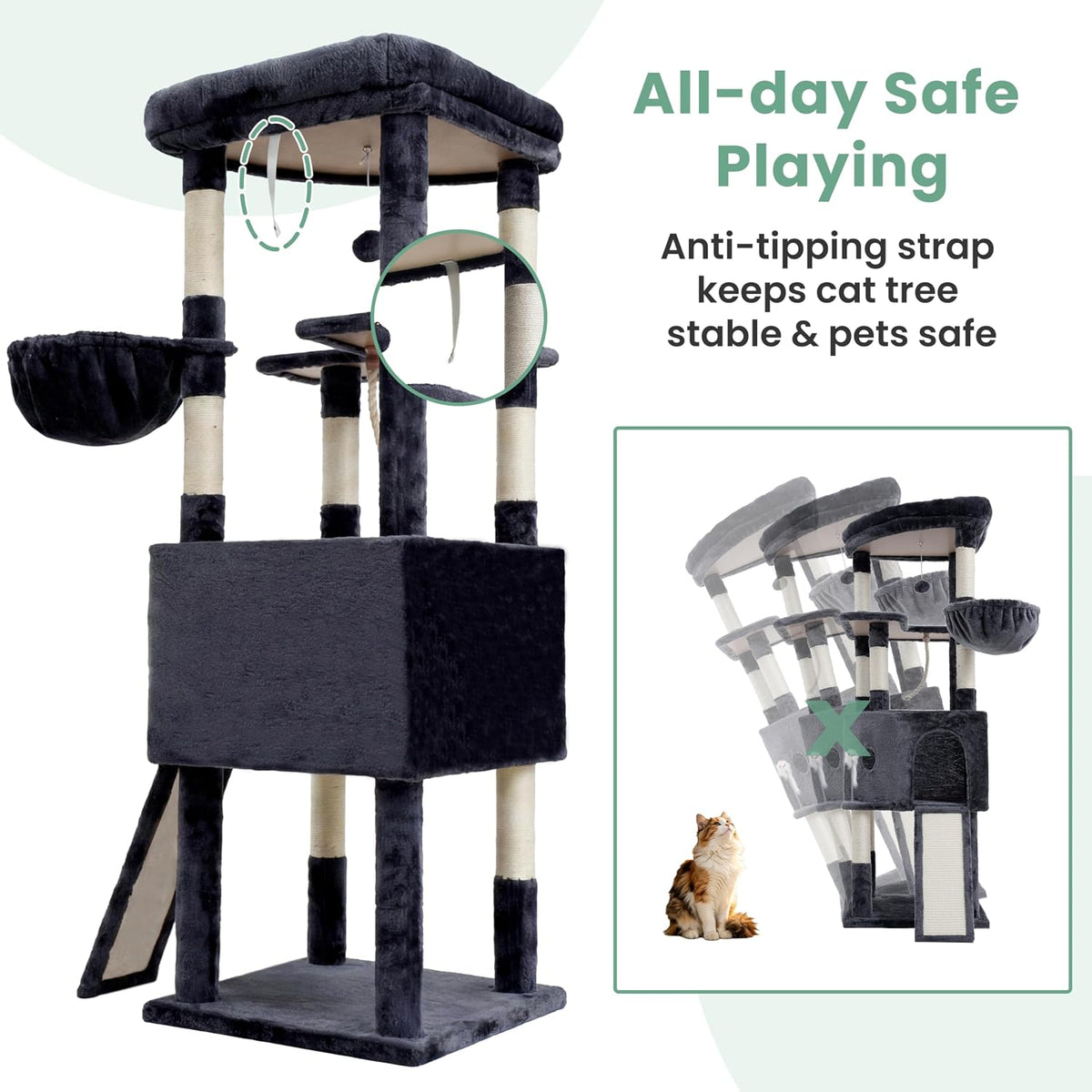 Cat Tree, 61 Inch Tall Cat Tower, Diamond-Shaped Cat Cave VCT001G