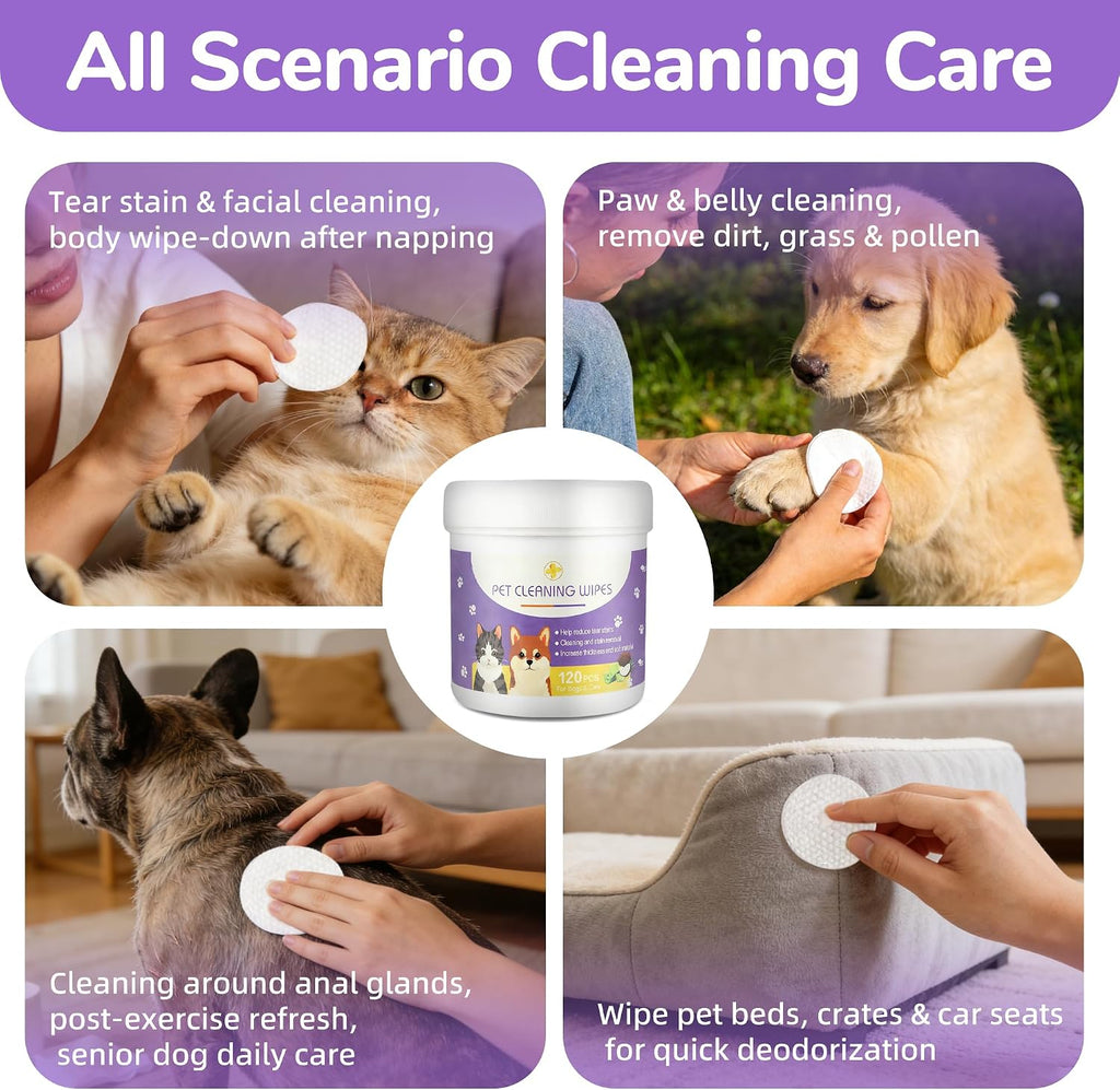Dog Eye Wipes, 120 Count Cat Eyes Cleaning Wipes Gentle Pet Tear Stain Remover, Hypoallergenic Puppy Dogs Eye Wash Cleaner for Debris Discharge Mucus, Vet Recommended Aloe Chamomile Pets Wipe Pads