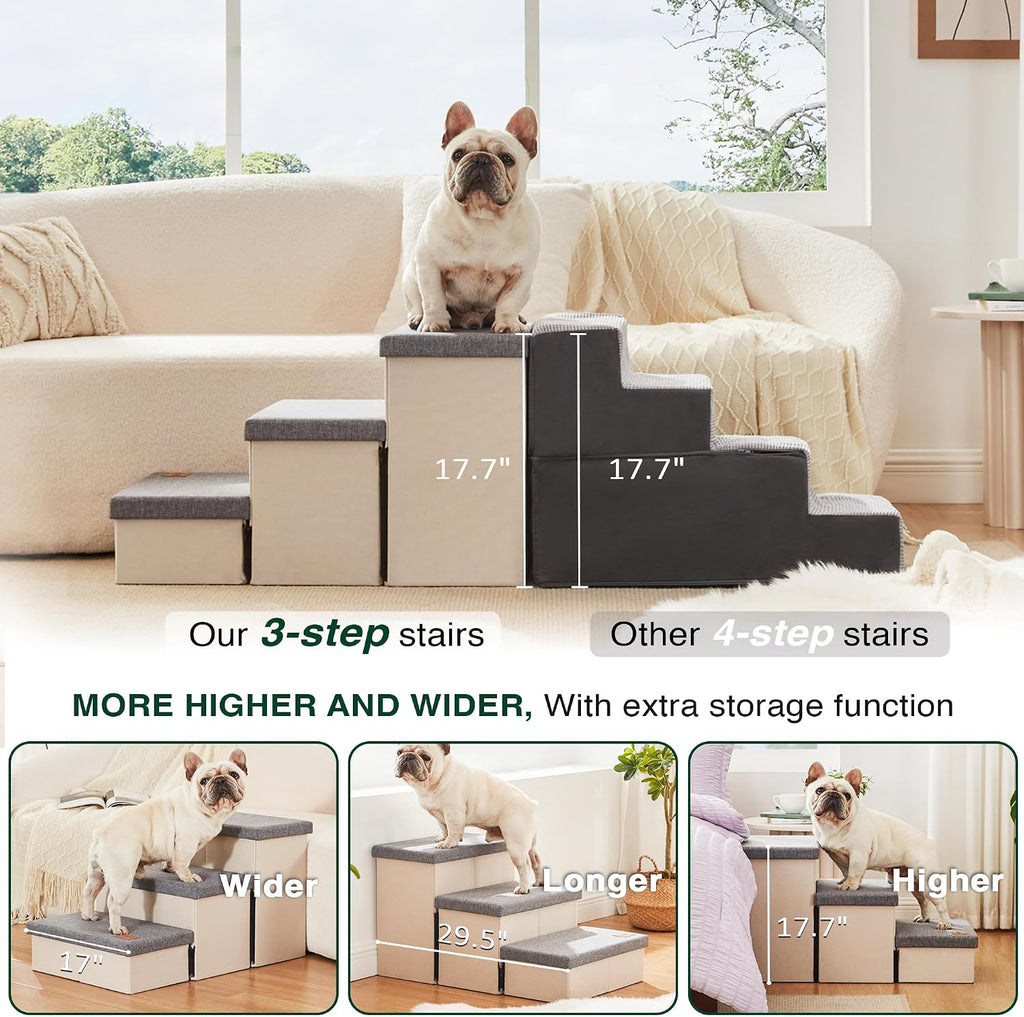 Love's cabin Dog Stairs for High Bed, Foldable Pet Stairs for Small Medium or Large Dogs Puppy with Storage for Bed or Couch, Cat Dog Steps Ramp with Zip up to 200 lbs, Light Grey, 3 Steps