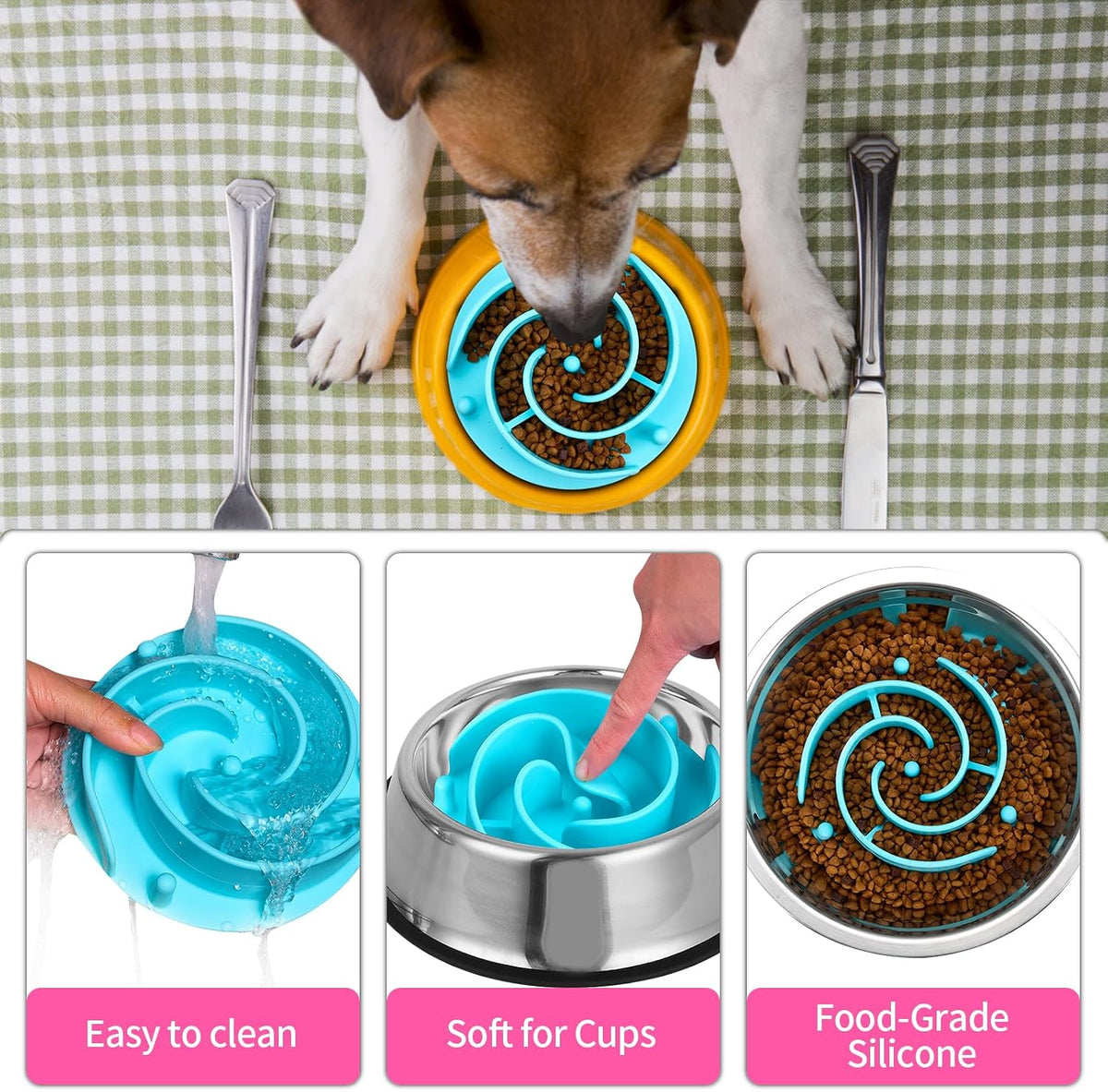 Slow Feeder Dog Bowls Insert, Bestalk Soft Silicone Slow Eating Feeder Insert with Suction Cups for Small, Medium and Large Dogs, Fit into Basic and Elevated Dog Bowls, Teal