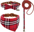 3PCS Bow Tie Dog Collar and Leash Set Plaid/Camo/Dots/Flower Dog Bandanas with Bell 3 Size Adjustable for Small Dogs Puppies and Cats (XS, Red Plaid 2)
