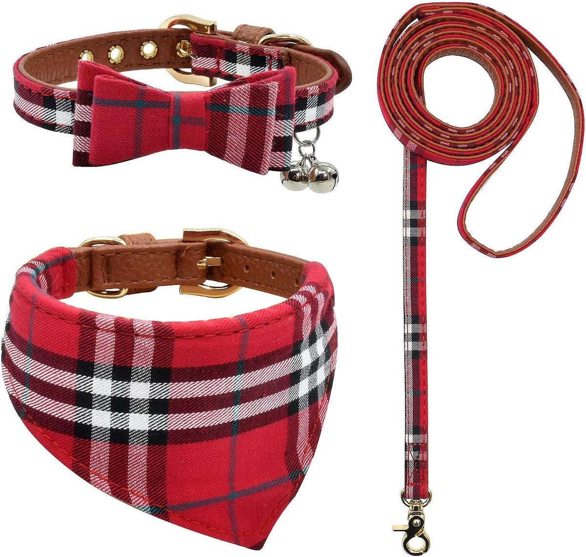 3PCS Bow Tie Dog Collar and Leash Set Plaid/Camo/Dots/Flower Dog Bandanas with Bell 3 Size Adjustable for Small Dogs Puppies and Cats (XS, Red Plaid 2)