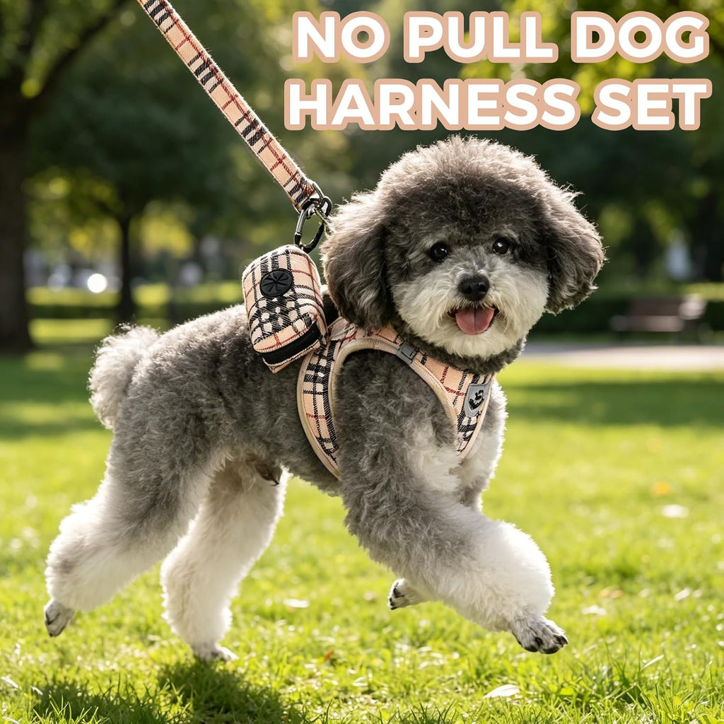 PAWCHIE Dog Harness and Leash Set, Step in No Pull Soft Pet Harness, Reflective Adjustable Puppy Vest for Small Medium Dogs Cats, No Choke Harness Vest with Poop Bag Holder for Walking,Running,Beige M
