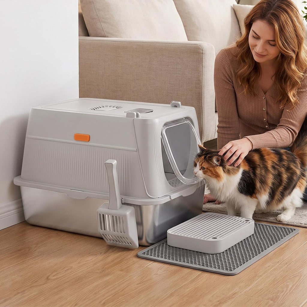 GTPLAYER XL Stainless Steel Cat Litter Box with Lid, High Sided Enclosed Cat Litter Box, Activated Carbon Odor Control, Extra Large Metal Litter Box, Anti-Leak, with Mat & Step, Slate Gray
