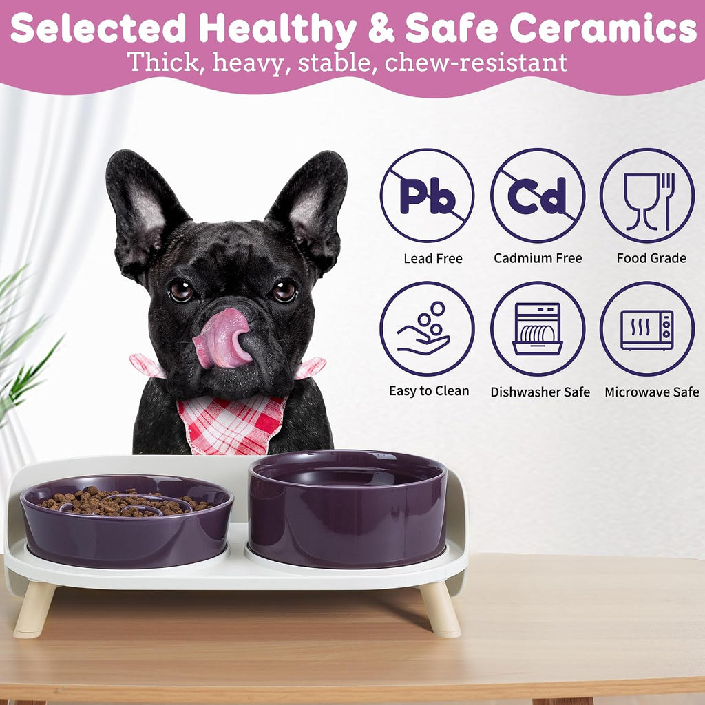 Elevated Slow Feeder Dog Bowls with Splash Proof Stand, Slow Eating 5X | 6.5″ Dog Slow Feeding Bowls & 6.1″ Dog Food Dish, Non-Slip Raised Food and Water Bowl Set for Small and Medium Breeds, Purple