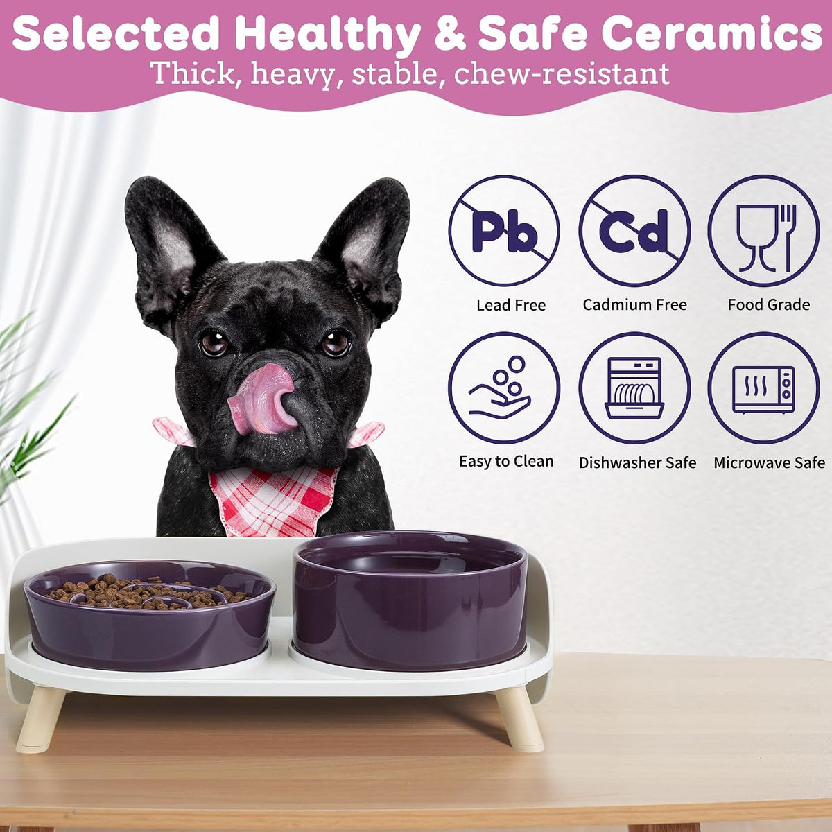 Elevated Slow Feeder Dog Bowls with Splash Proof Stand, Slow Eating 5X | 6.5″ Dog Slow Feeding Bowls & 6.1″ Dog Food Dish, Non-Slip Raised Food and Water Bowl Set for Small and Medium Breeds, Purple