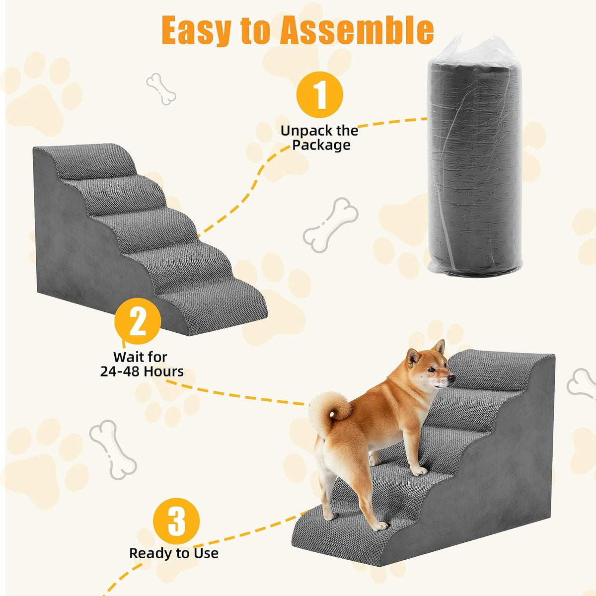 5-Step Dog Stairs for Large Dogs and Cats, 22in H Dog Steps, Gray