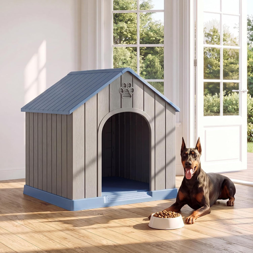 Fancyango Large Dog House for Medium to Large Dogs – Sturdy Plastic Waterproof Doghouse for Indoor/Outdoor Use with Air Vents and Elevated Floor Easy to Clean and Assemble (Blue, 36.2"L × 38"W × 38"H)