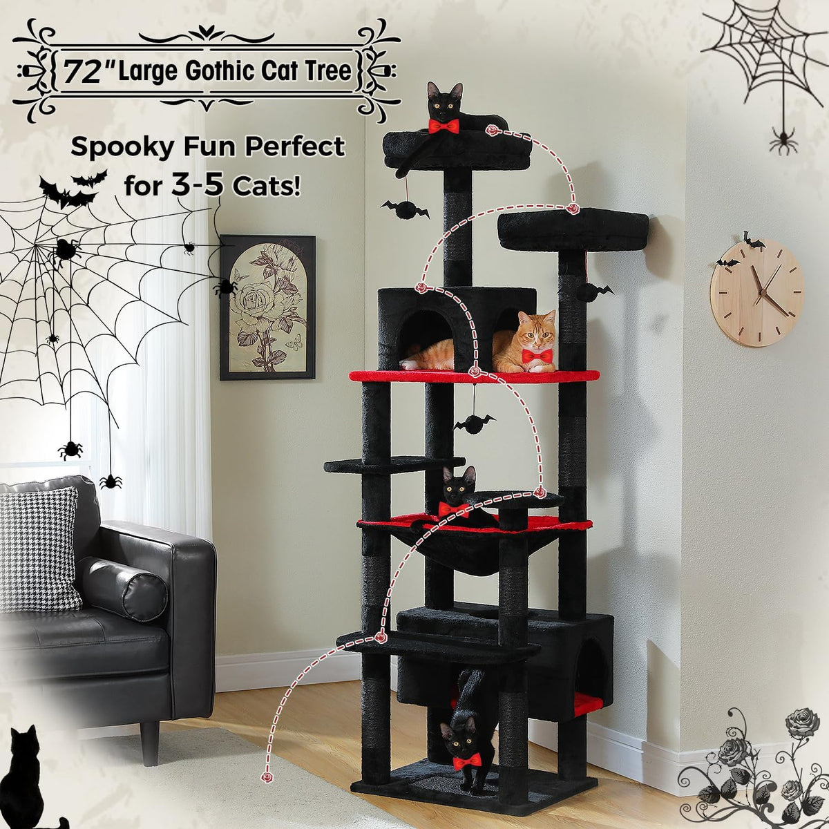 PAWZ Road Gothic Cat Tree 72" Cat Tower with Condos&Hammock for Large Cats