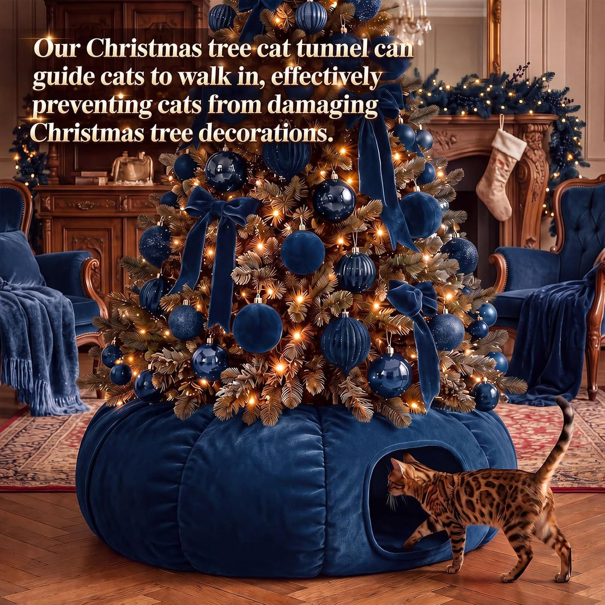 Christmas Tree Cat Tunnel 36 in Donut Bed, Navy Blue, Velvet, Fluffy