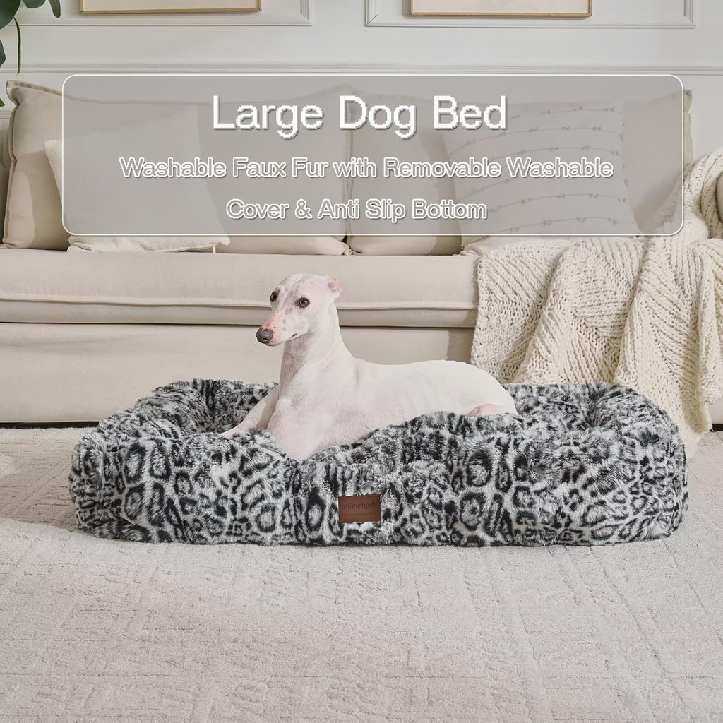 Washable Orthopedic Dog Bed,Rectangle Fleece & Luxury Pet Bed with Removable Zipper Cover & Anti-Slip Bottom,Suitable for Medium Large Dogs,30x25x7.5inches,Leopard Snow