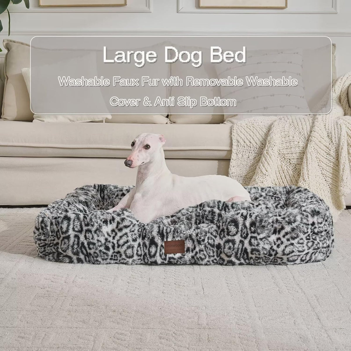 Washable Orthopedic Dog Bed,Rectangle Fleece & Luxury Pet Bed with Removable Zipper Cover & Anti-Slip Bottom,Suitable for Medium Large Dogs,30x25x7.5inches,Leopard Snow
