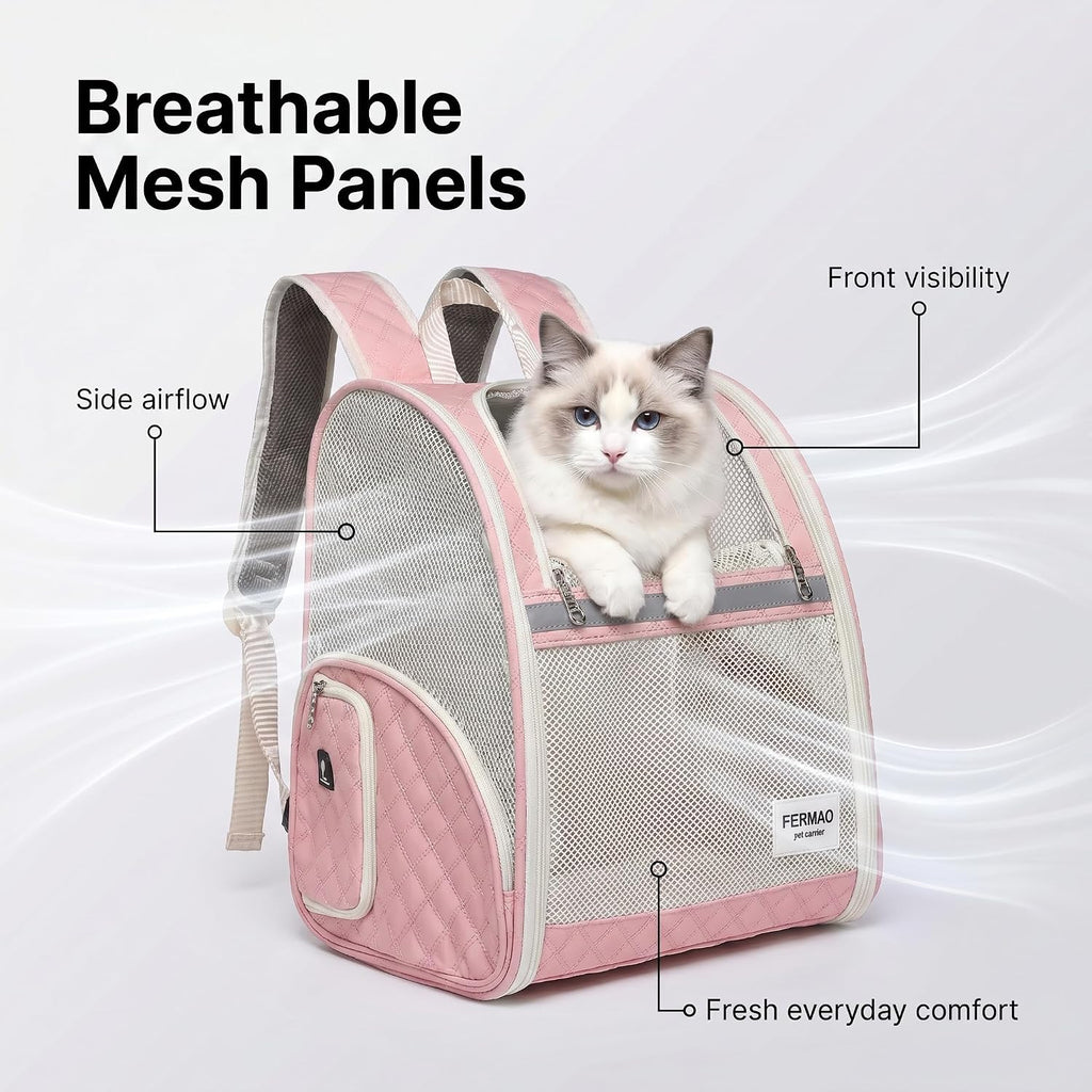 Cat Backpack Carrier for Small Dogs and Medium cat Puppy Kitten Bunny Pet Carrier Backpack Collapsible with Fully Ventilated Mesh with Safety Leash (Pink, 12.9" L x 10.62" W x 15.5" H - M)