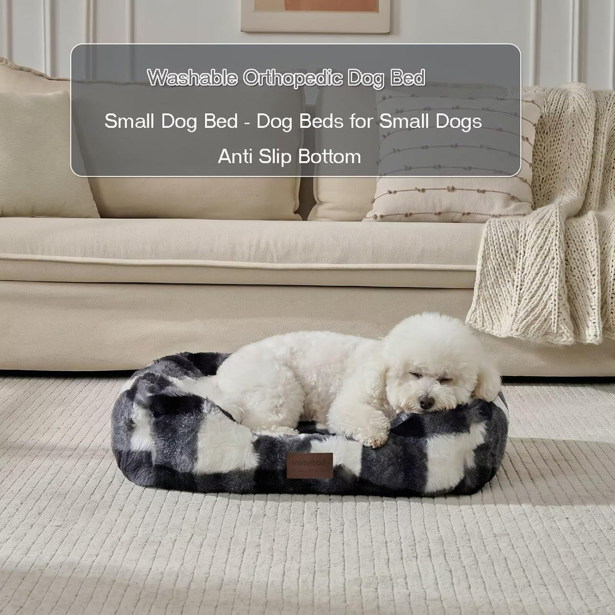 Washable Orthopedic Dog Bed,Rectangle Fleece & Luxury Pet Bed with Removable Zipper Cover & Anti-Slip Bottom,Suitable for Medium Large Dogs,30x25x7.5inches,Black/White
