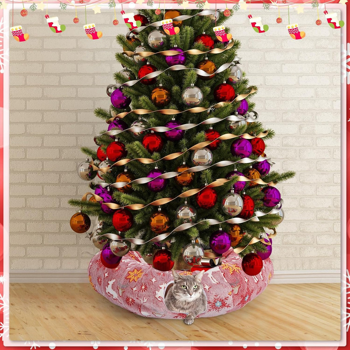 Cat Tunnel Christmas Tree Skirt 3 ft x 3 ft x 10 Inch Cat Bed Donut Cave Indoor Fluffy Circular with Mat and Ball Playground Toys for Festive Kitten Puppy Ferret Rabbit(Red,Elk)