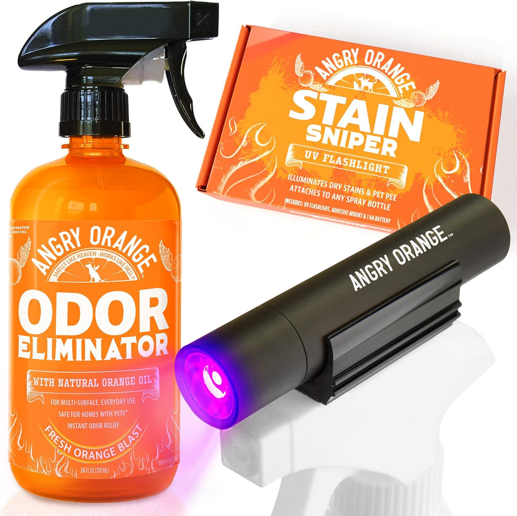 ANGRY ORANGE Pet Odor Eliminator Kit for Dog/Cat Urine, 24oz Citrus Odor Eliminator Spray and Stain Sniper Flashlight - Citrus Scent