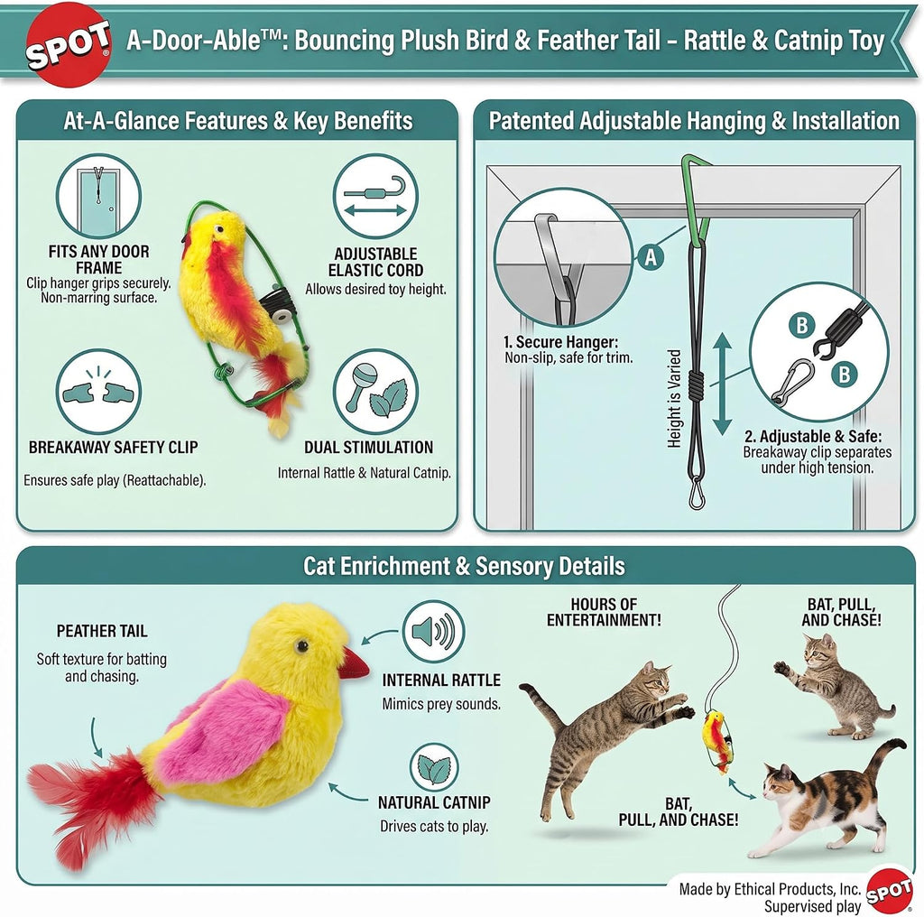 SPOT A-Door-Able Plush Bird Cat Toy | Rattle and Catnip Cat Toy Provides Hours of Entertainment for Your Cat | Hangs on Any Size Door Frame