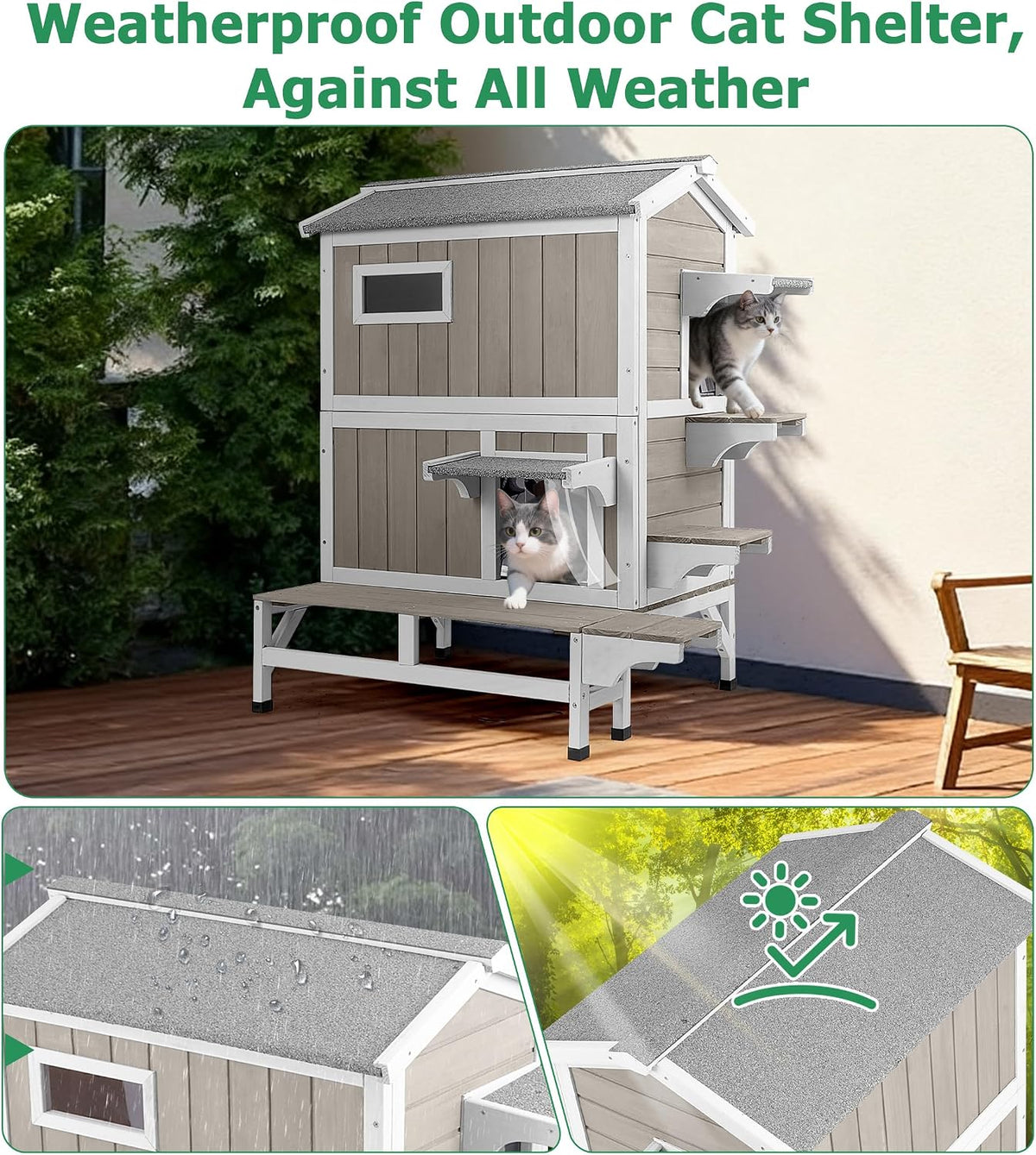 GoWoodHut Outdoor Cat House Weatherproof Cats Shelter for Feral Kitten Pet Houses for 1-2 Small Animlas 2 Story Wooden Houses for Indoor Outdoor Cats with Escape Doors (25.5" D x 33.5" W x 39.5" H)