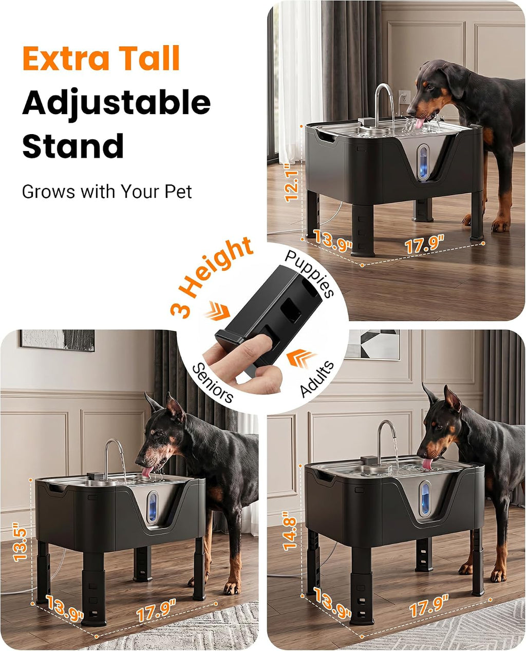 4.75Gal/ 18L Large Dog Water Fountain Elevated Dog Water Bowl & 3 Filters