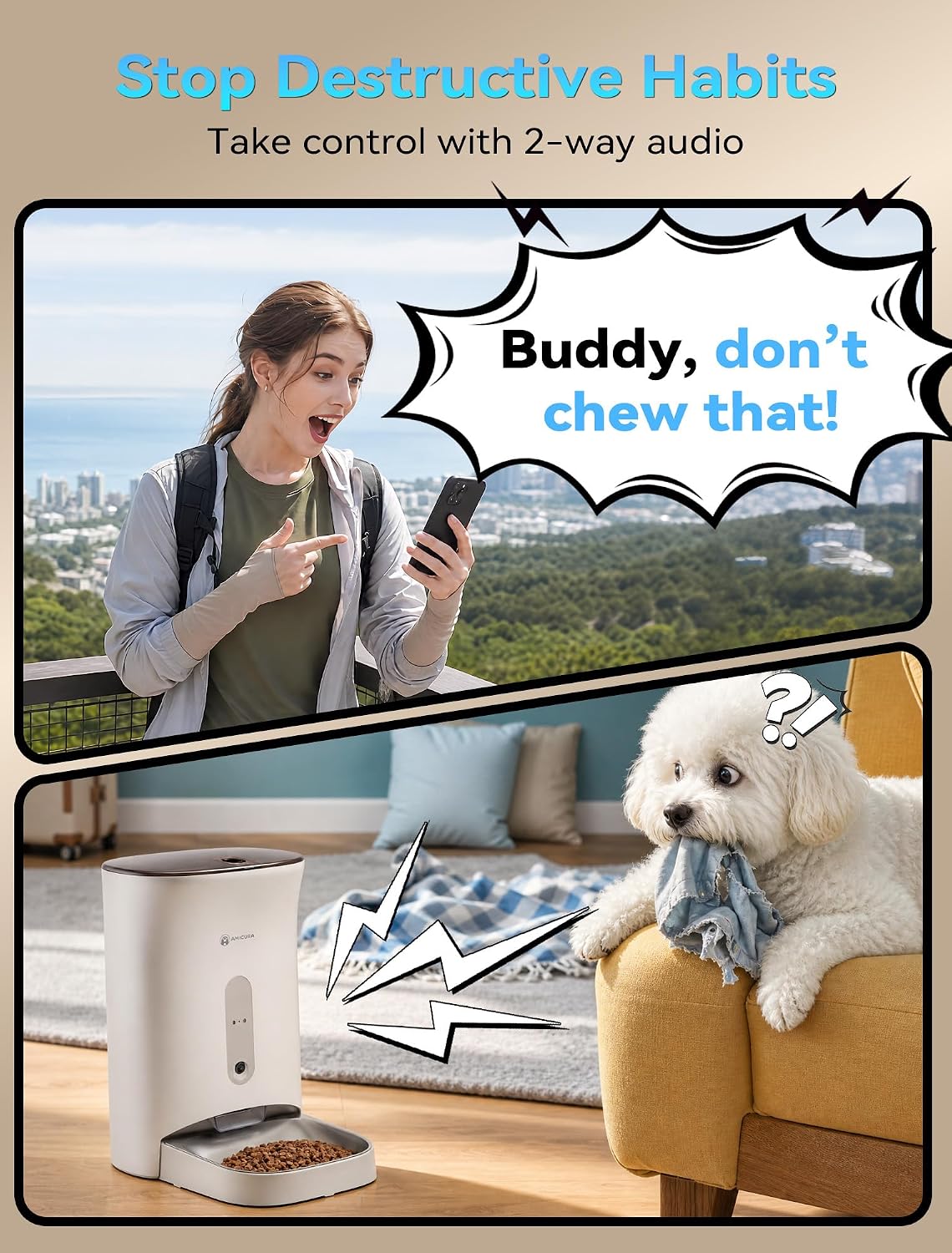 Automatic Cat Feeder with 3MP Camera,2K HD Video with Night Vision,5G/2.4G WiFi Pet Feeder with 2-Way Audio,App-Controlled Timed&Blockage Sensor,Detachable for Easy Cleaning with Desiccant for Cat/Dog