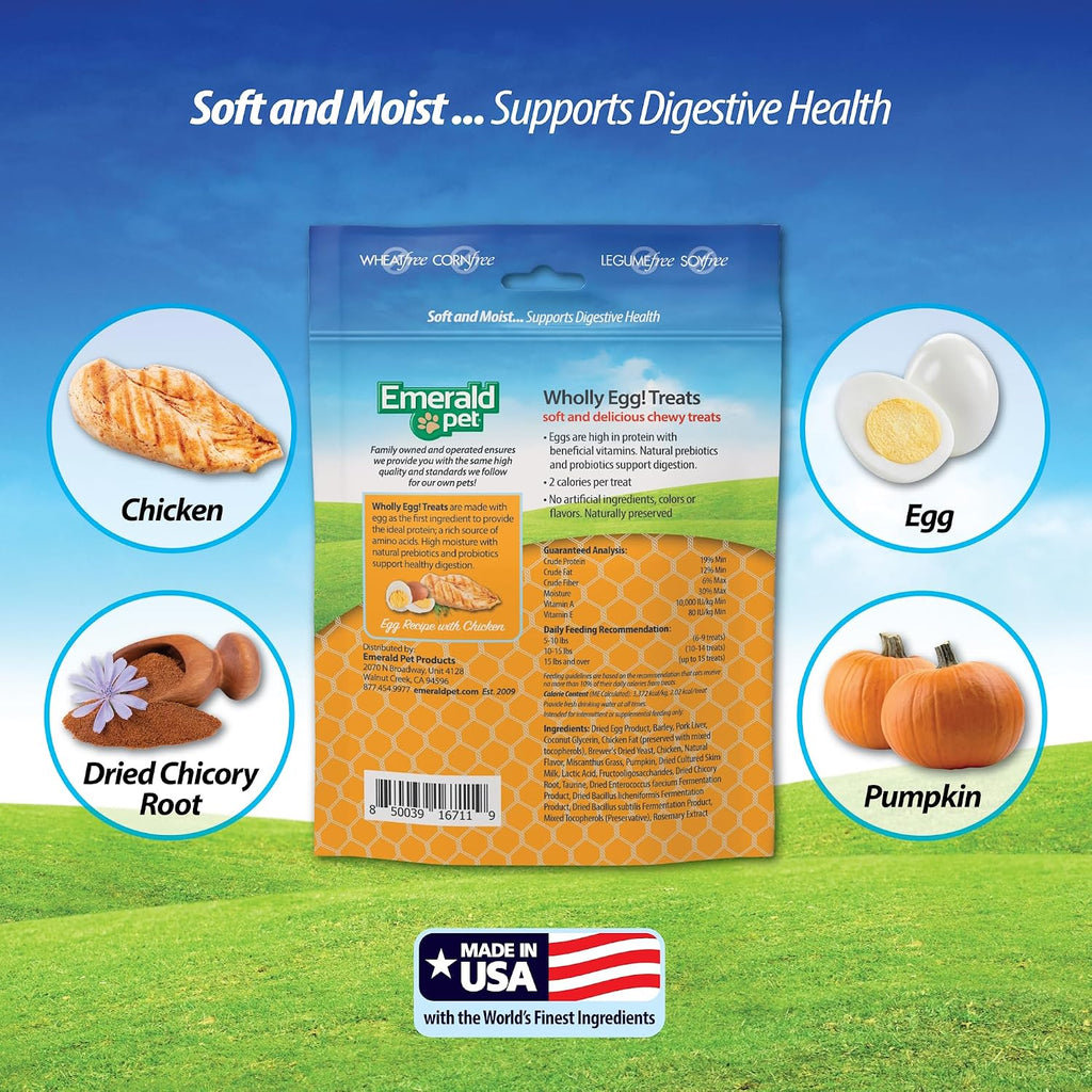 Emerald Pet Wholly Egg Cat Treats for Digestive Health – Soft & Moist Chicken Cat Treats with Natural Prebiotics & Probiotics – Supports Gut Health, 2.5 oz