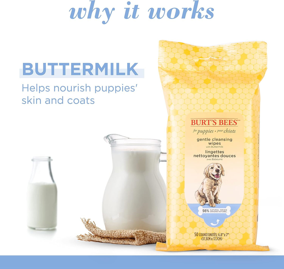 Burts Bees for Pets Gentle Cleansing Puppy Wipes, Buttermilk, 50 Count