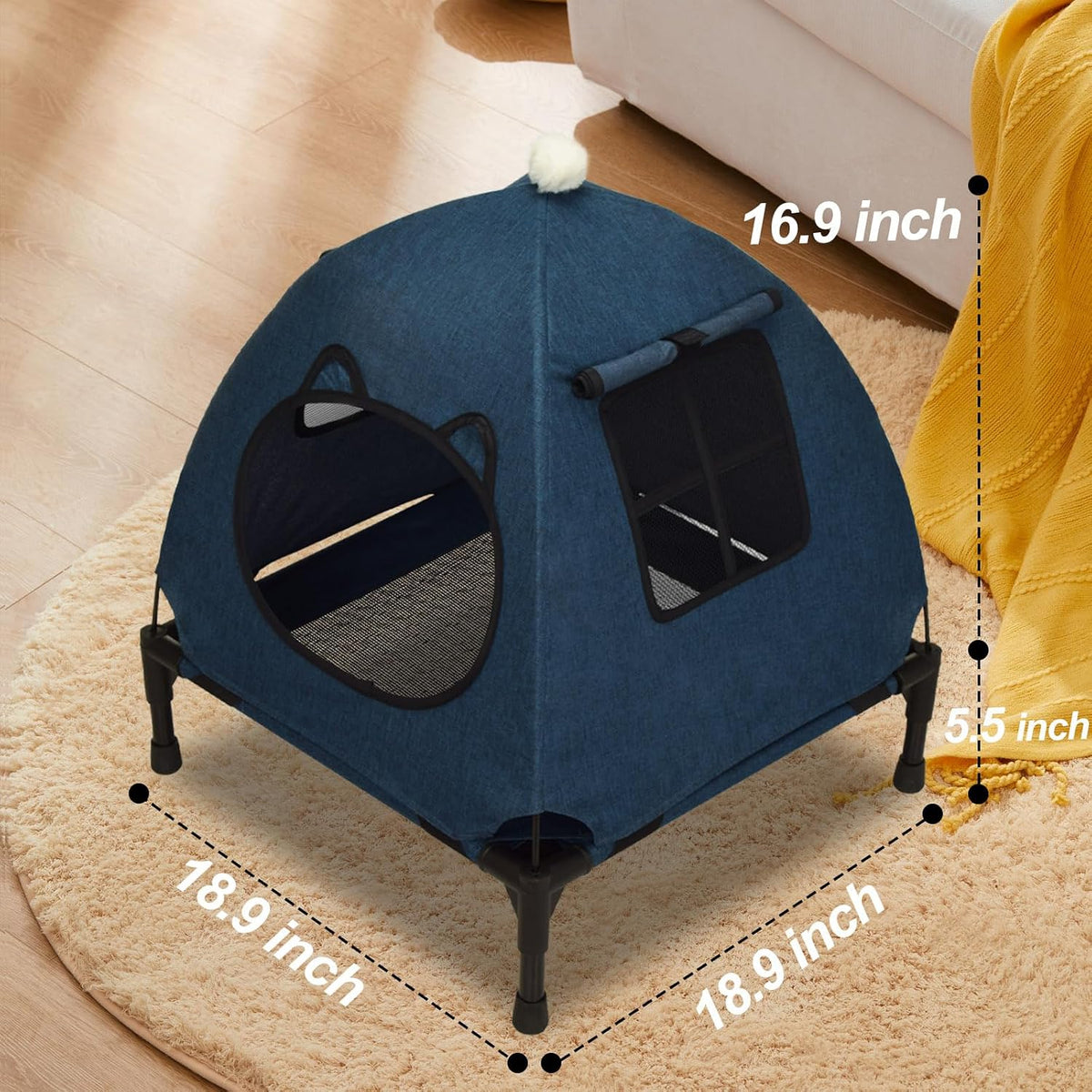 Pozico Elevated Dog Bed with Canopy and Breathable Mesh for Small Dog and Cat, 18.5x18.5x16.9 inch, Navy Blue