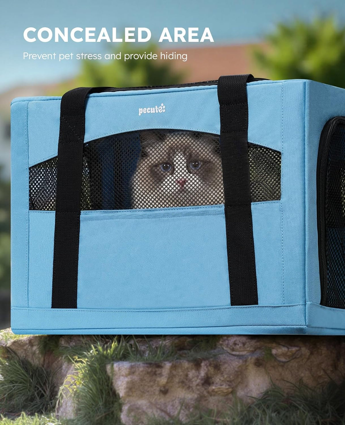 Pecute Cat Carrier Stable, Pet Carrier with Privacy Partition,Light Blue