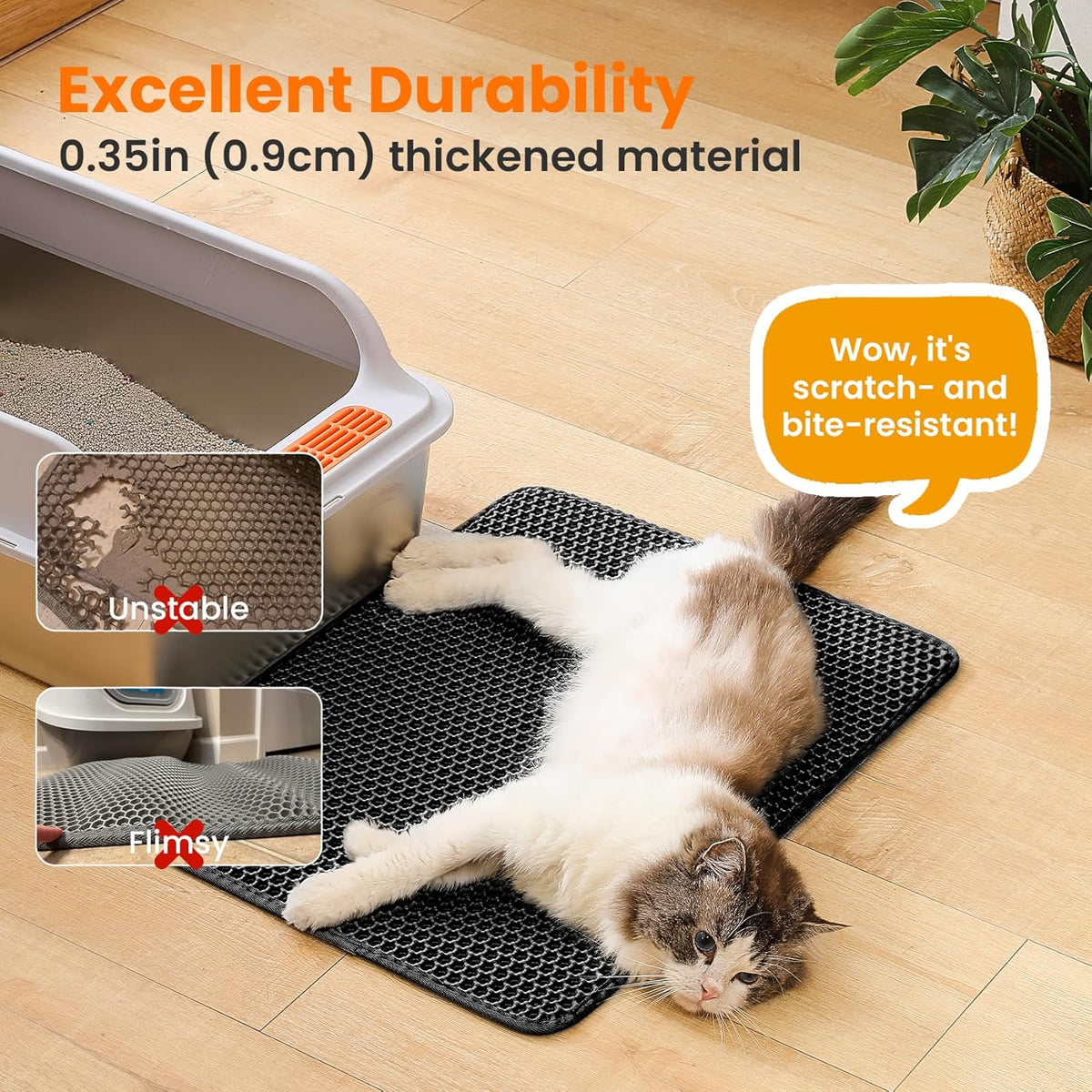 Cat Litter Mat, Double Layer Honeycomb Litter Box Mat | 24x18”, Efficient Litter Trapping, Easy to Clean, Waterproof, Non-Slip, Soft on Paws, Scratch Resistant, Black, Large