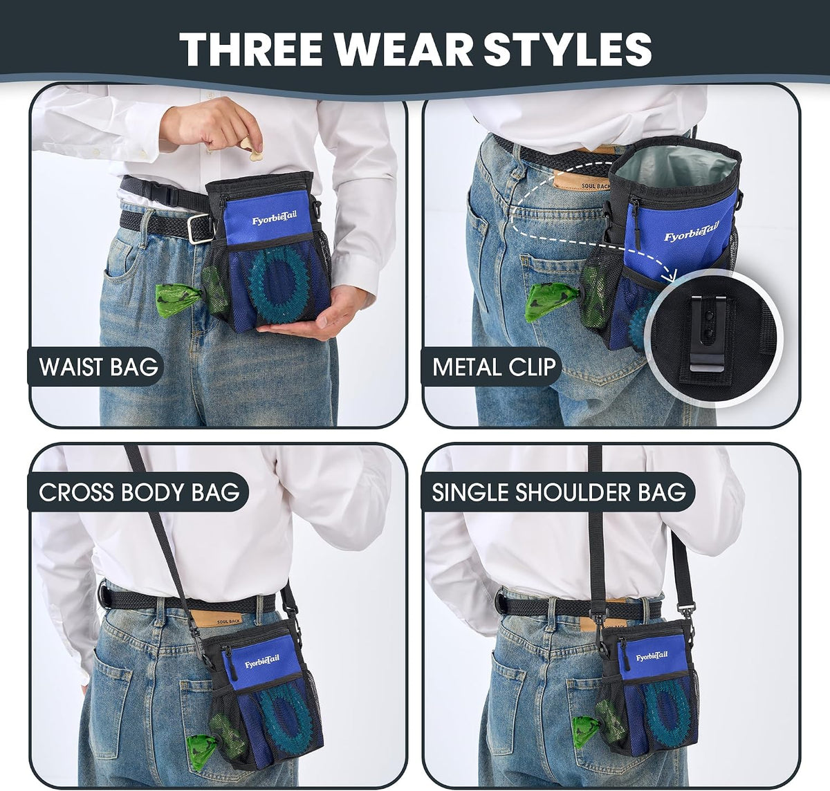Dog Treat Pouch, 4 Cup Training Bag, Magnetic Closure, 3 Way Wear, Blue