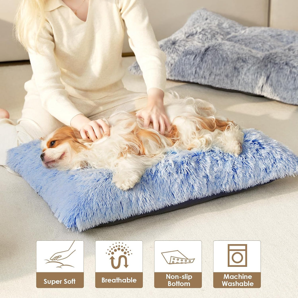 EHEYCIGA Fluffy Dog Crate Bed for Large Dogs, Plush Faux Fur Pad, Blue