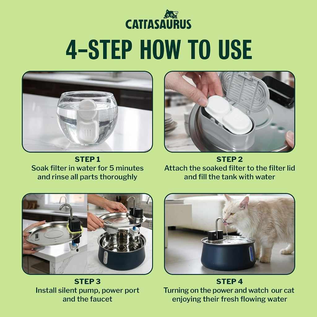 Cattasaurus 135oz Wireless Cat Water Fountain, 304 Stainless Steel Automatic Water Dispenser for Cats, Ultra Quiet, Smart Sensor, 6-Layer Filtration (Blue, Fountain + 6 Filters (6-Week Supply))