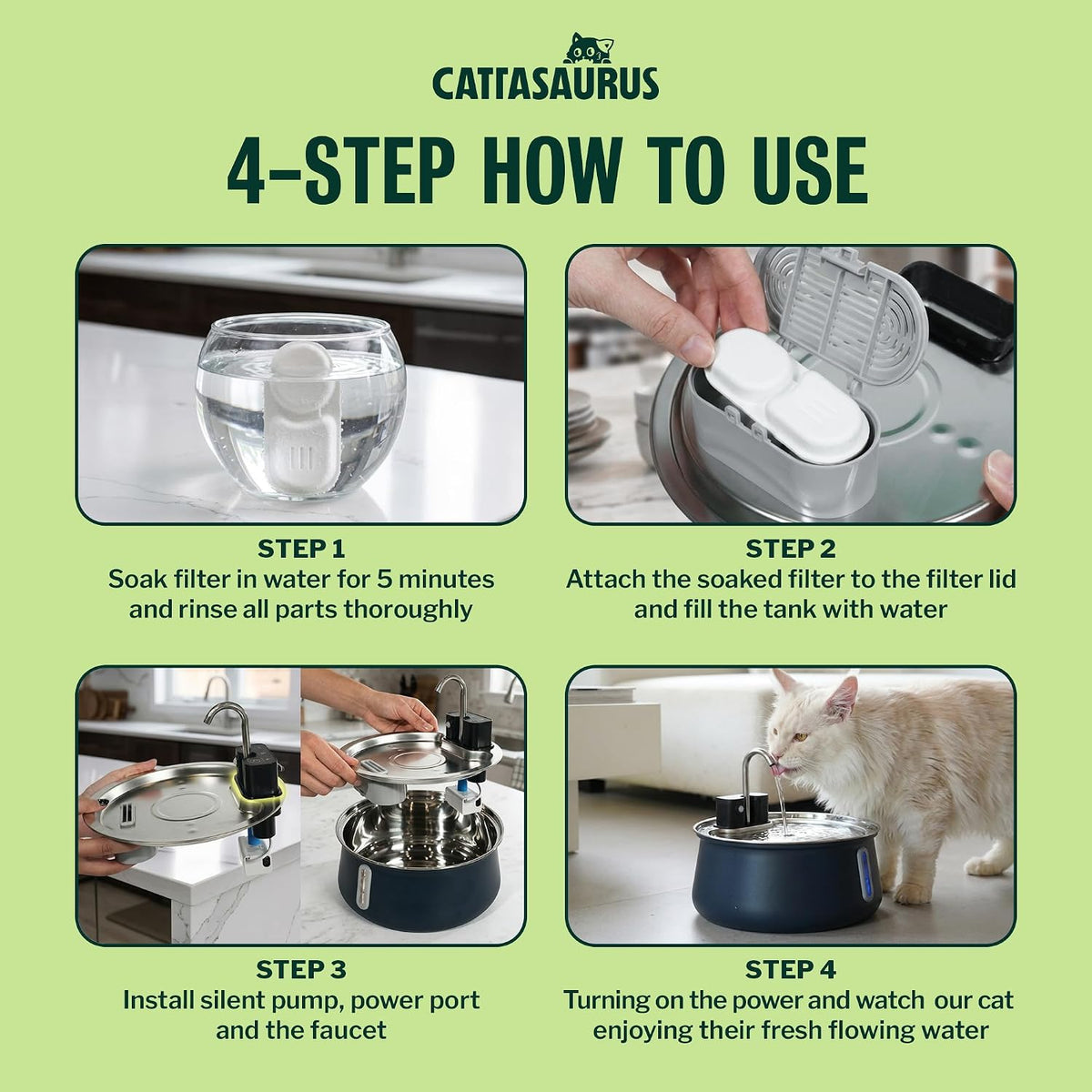 Cattasaurus 135oz Wireless Cat Water Fountain, 304 Stainless Steel Automatic Water Dispenser for Cats, Ultra Quiet, Smart Sensor, 6-Layer Filtration (Blue, Fountain + 6 Filters (6-Week Supply))