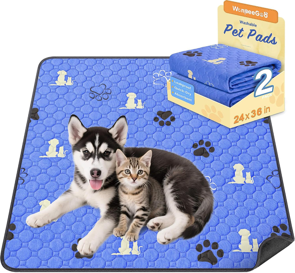 WanpeeGoo Washable Pee Pads for Dogs, Waterproof, 24 x 36 in, 2 Pack, Blue | Super Absorbent, Waterproof and Non-Slip; Washable, Reusable Dog Pads for Crates, Playpens, Floors, Furniture and Travel