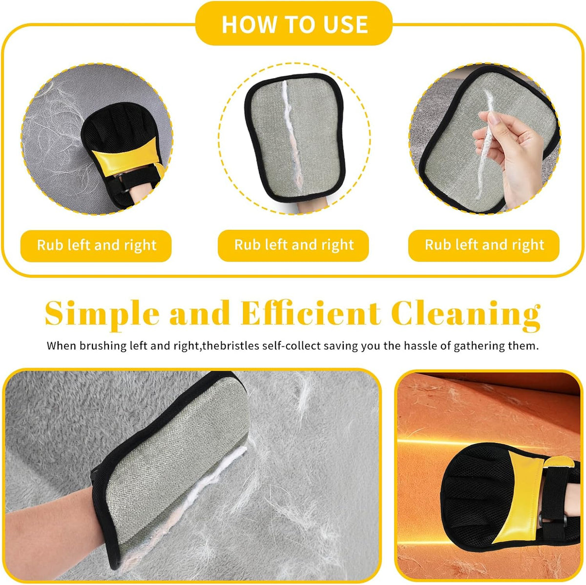 Pet Hair Removal Gloves, Yellow and Blue Colors, Static Hair Removal, Adjustable Strap, Reusable for Clothing, Sofa, Car Seat, Set of 2