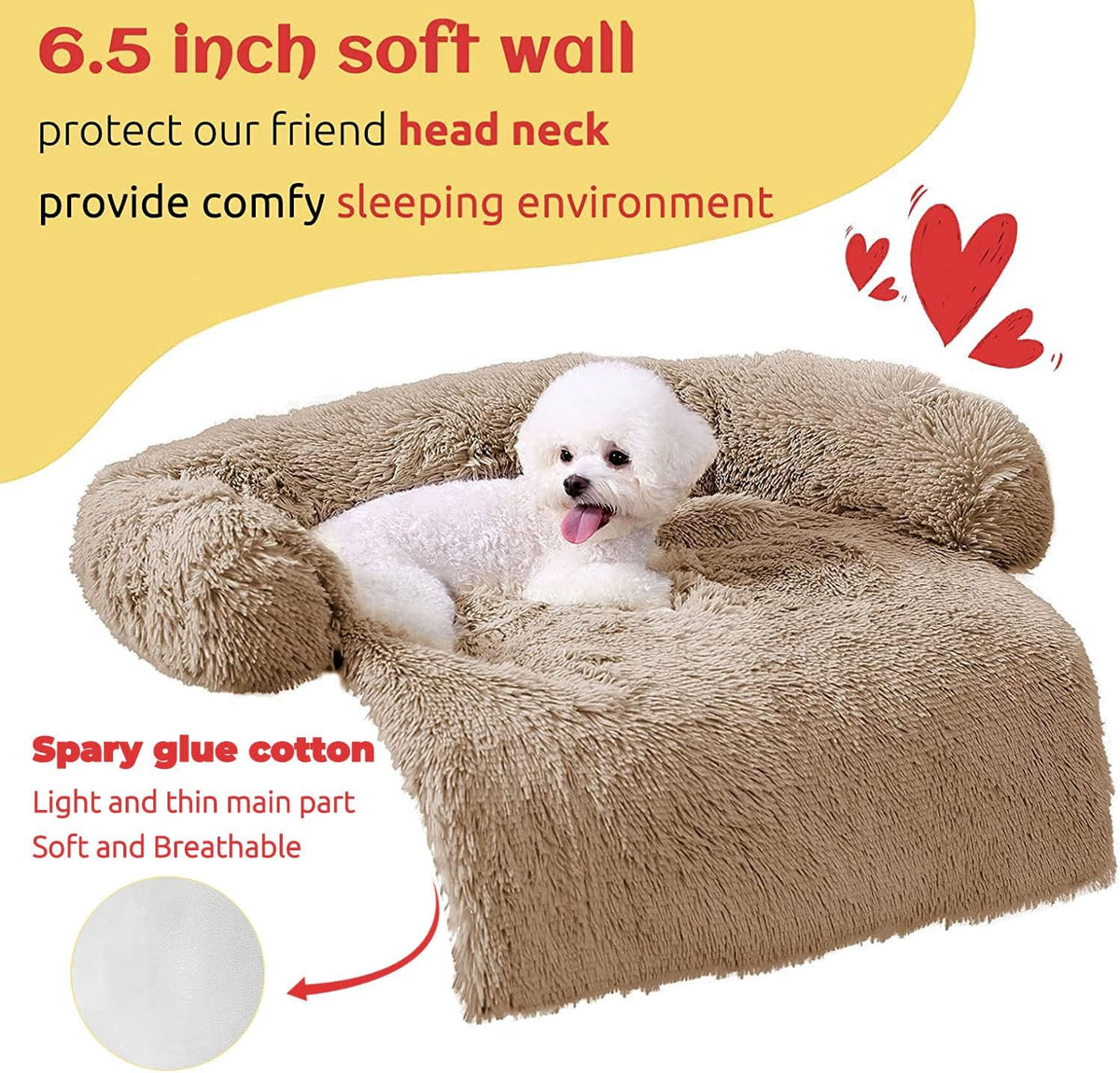 HACHIKITTY Calming Pet Sofa Bed Mat, Washable Fluffy Couch Cover for Dogs and Cats, Anti-Slip Bottom (30"x 27"x 6", Camel)