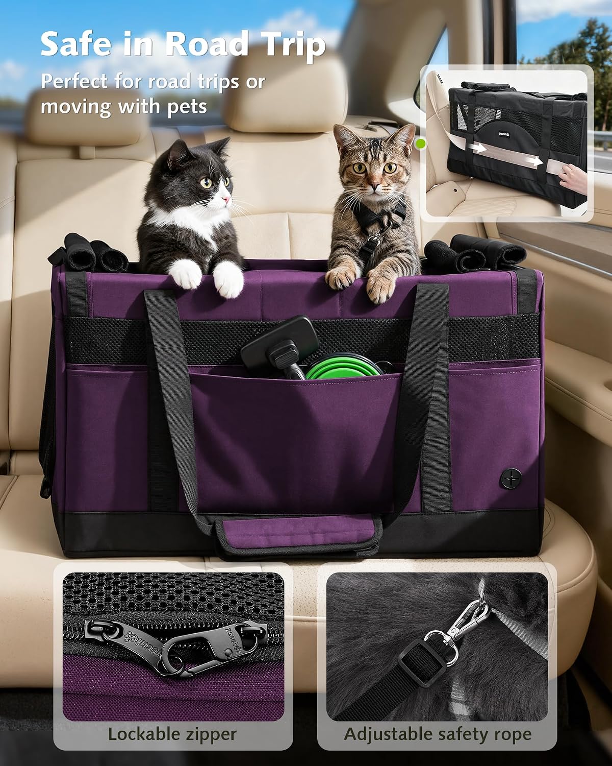 Pecute Cat Carrier, Soft Double Pet Crate for 2 Cats Travel, Purple