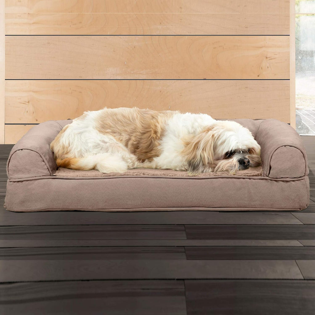 Furhaven Cooling Gel Dog Bed for Medium/Small Dogs w/ Removable Bolsters & Washable Cover, For Dogs Up to 35 lbs - Plush & Suede Sofa - Almondine, Medium