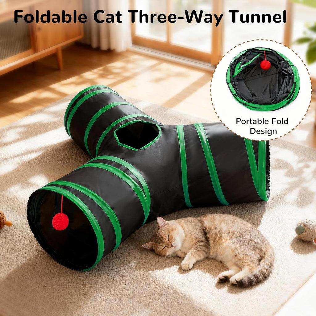 Tempcore Cat Tunnel, 3-Way Collapsible Toy for Indoor Cats, Black & Green | 3-Way Cat Tunnel with Peek Holes, Hanging Ball and Teaser Wand, Collapsible Design for Play, Hiding, Chasing and Exercise