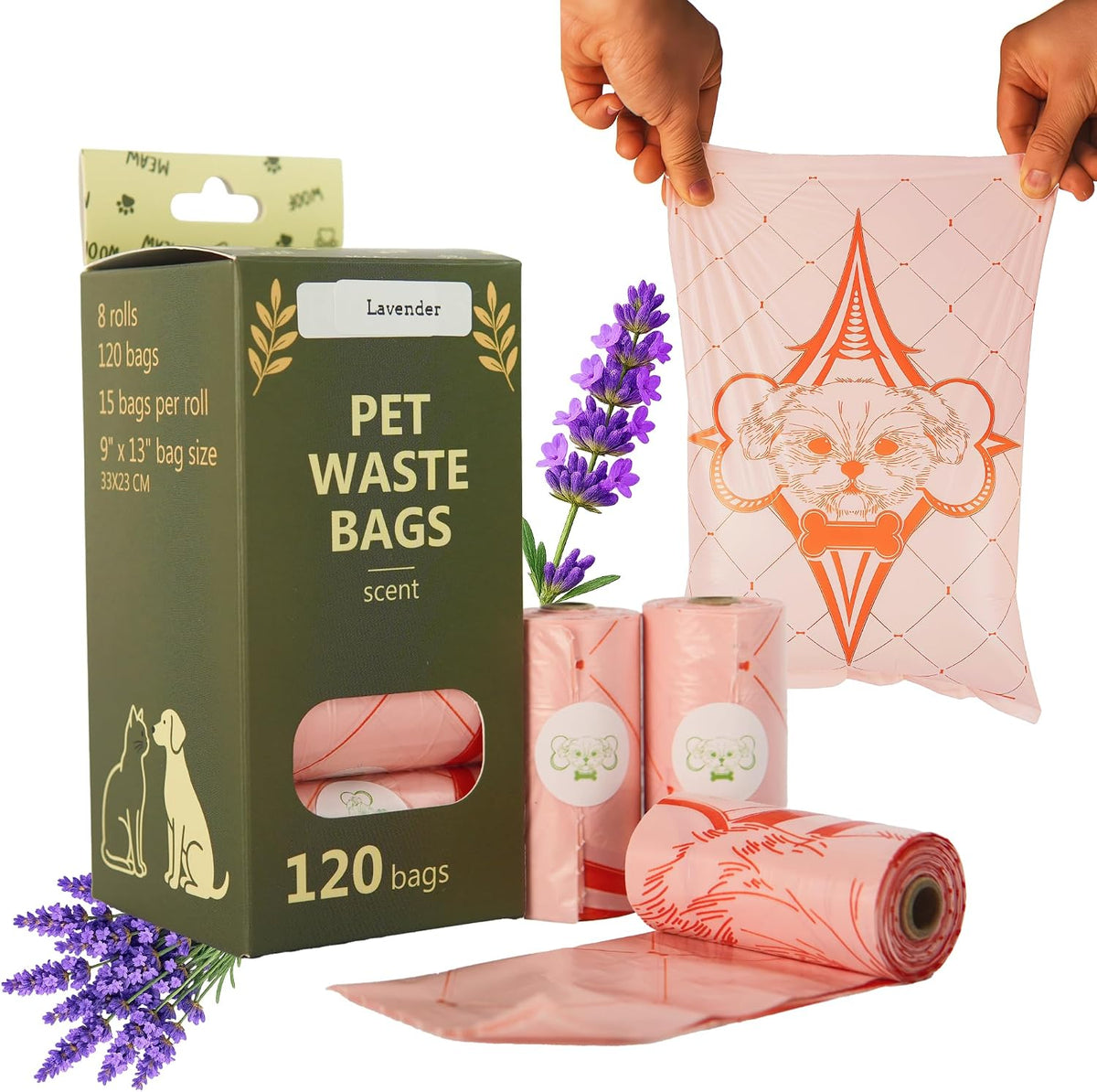 Extra Thick Dog Poop Bags Rolls, Leak-Resistant Pet Waste Bags, 120 Count (8 Rolls), 9x13 in Large, Lavender Scented, Fits Most Dispensers, Pink