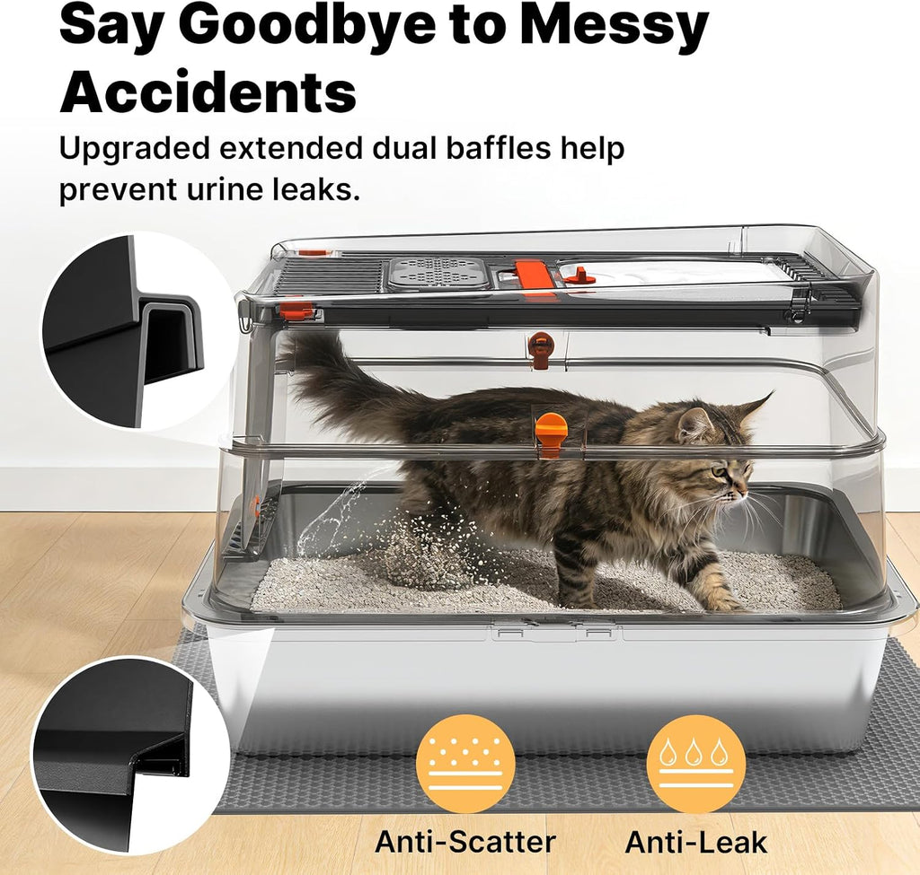 Stainless Steel Litter Box with Flip Lid, XL Extra Large Cat Litter Box with High Sided Top Entry Design, Anti-Leakage Enclosed Metal Litterbox for Big Cats, with Handle, Mat, Pedal & Scoop, Black