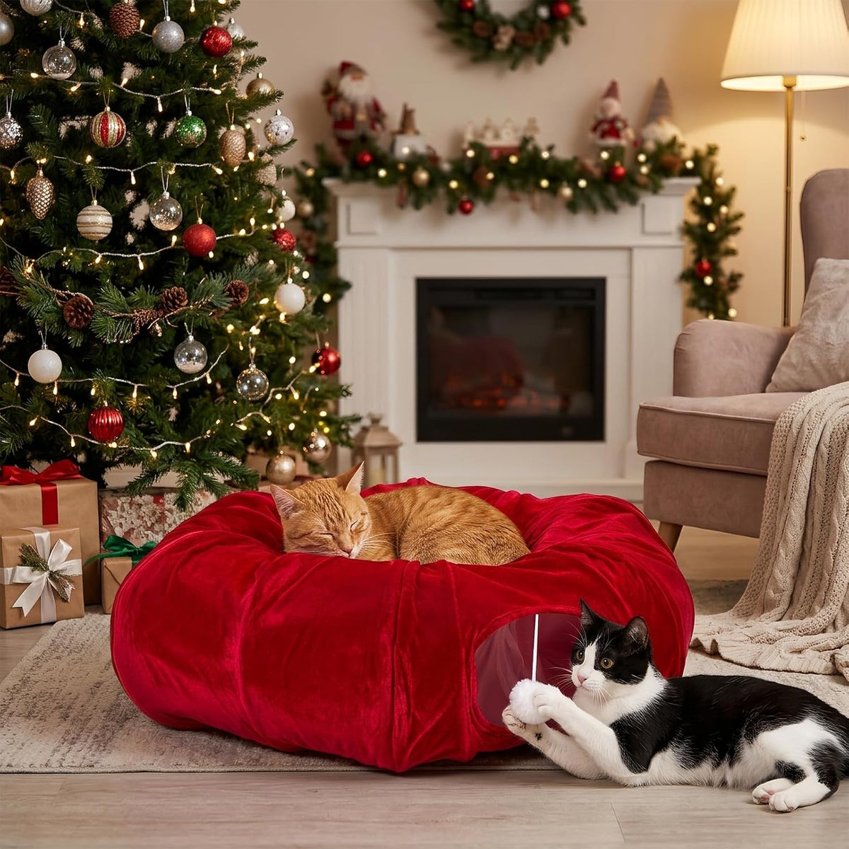 Thyle Christmas Cat Tunnel Bed, Burgundy, 2.4ft X 2.4ft X 11.8in, Velvet