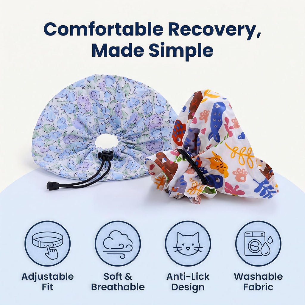 2 Pack Soft Cat Recovery Collar, Adjustable Fabric E-Collar for Cats, Lightweight Breathable Cotton Cone for Grooming, Daily Care & Post-Surgery Protection, Comfortable Anti-Lick Pet Collar