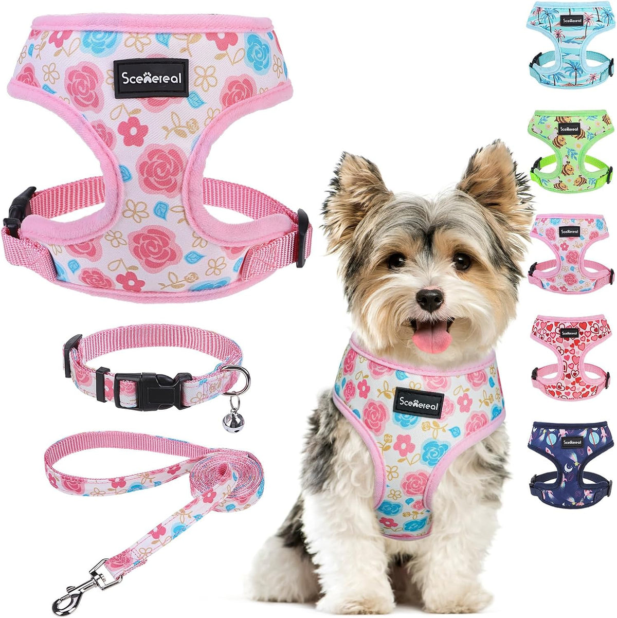 SCENEREAL Small Dog Harness and Leash Set, Flowers Pink, XS