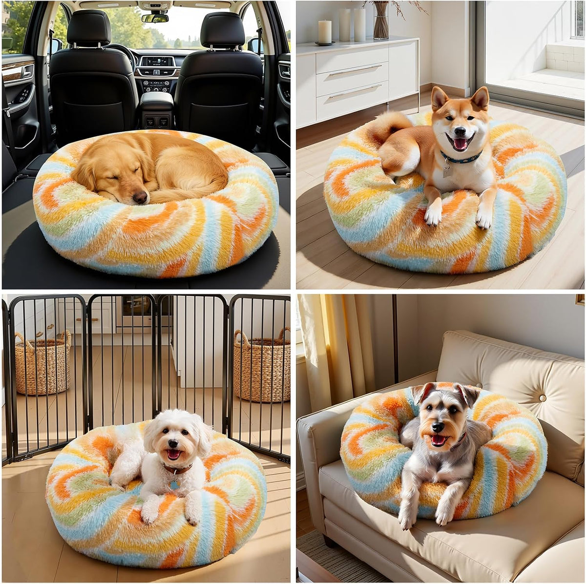 Calming Soft Round Dog & Cat Bed, Donut Cuddler Warming Cozy Fluffy Plush Cushion Beds for Small Medium Sized Dog and Cat