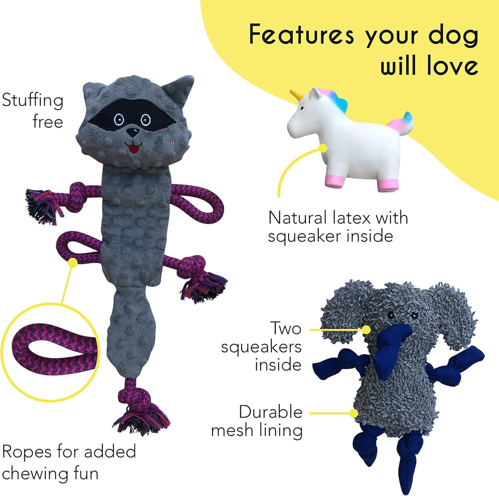 rocket & rex Puppy Chew Toys, Stuffing-Free Rope & Plush Set (3pk) | For small-medium breeds. Stuffing-free rope, rubber squeaker & plush toys. Reduces destructive chewing and anxiety.